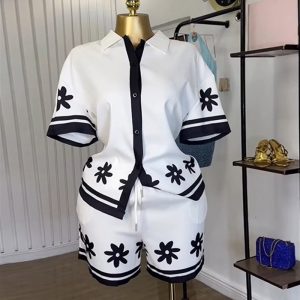 European and American cross-border women's clothing 2025 summer new fashion lapel color-blocked printed shirt wide-leg shorts casual suit – Image 4