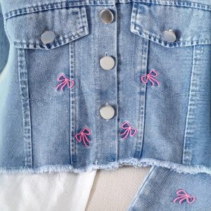 INS European and American Spring and Autumn New Trendy Girls' Suit Embroidered Bow Long Sleeve Jacket + Pants Denim Suit – Image 4