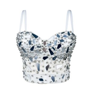 new European and American punk style heavy industry design black glass sequin camisole wearing a herring bone corset – Image 8
