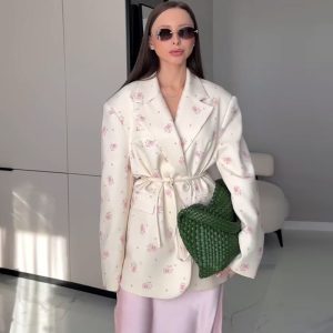 European and American cross-border women's clothing 2025 spring and summer new fashion print loose suit collar tie waist suit jacket – Image 3