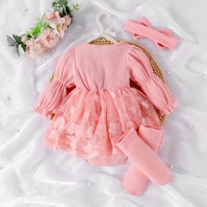 Infant and children's clothing Korean version of cross-border autumn waffle balloon sleeve mesh Ha clothes can be opened + foot socks + headwear – Image 5