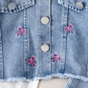 INS European and American Spring and Autumn New Trendy Girls' Suit Embroidered Bow Long Sleeve Jacket + Pants Denim Suit – Image 5