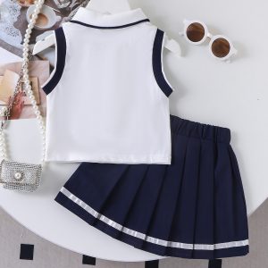 Cross-border European and American summer girls' suit Collegiate style POLP collar sleeveless top + pleated skirt two-piece set – Image 4