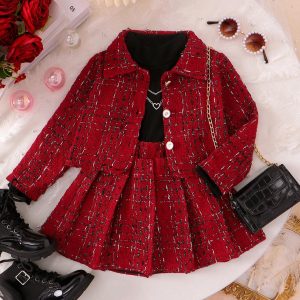 Children's clothing suit, cross-border European and American autumn and winter, new high-necked long-sleeved underwear + jacket + pleated short skirt girl three-piece set – Image 4