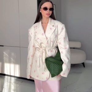 European and American cross-border women's clothing 2025 spring and summer new fashion print loose suit collar tie waist suit jacket – Image 4