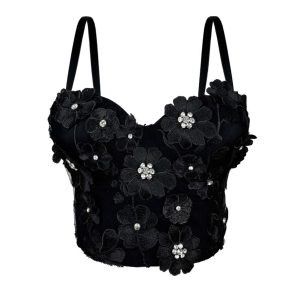 Original design, three-dimensional flowers, diamond-encrusted body shape, bandeau, wearing a herdbone top, a short fragrant style camisole for women – Image 4