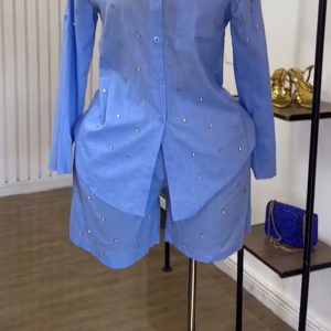 European and American cross-border women's clothing 2025 summer new fashion solid color lapel nail beads slim long sleeve shirt shorts set – Image 4