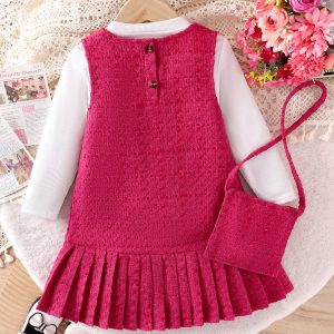 Cross-border foreign trade, Europe and the United States, spring and autumn, new trendy girl suit, long-sleeved inner layer + pink dress, shoulder bag – Image 3