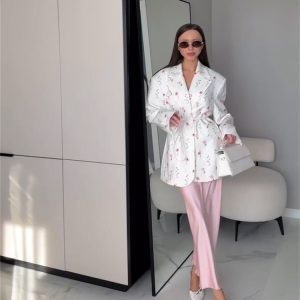 European and American cross-border women's clothing 2025 spring and summer new fashion print loose suit collar tie waist suit jacket – Image 5