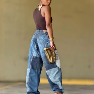 YLN9038 cross-border independent station Amazon 2025 new patch splicing printed jeans – Image 3