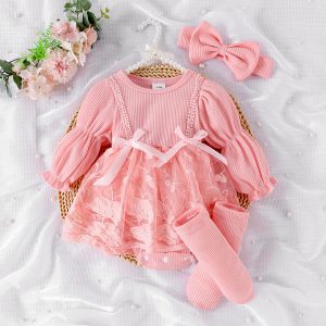 Infant and children's clothing Korean version of cross-border autumn waffle balloon sleeve mesh Ha clothes can be opened + foot socks + headwear – Image 3