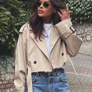 Cross-border Amazon hot sale women's clothing spring and autumn explosive European and American women's long-sleeved short casual solid color trench coat jacket – Image 3
