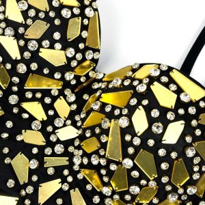 new European and American punk style heavy industry design black glass sequin camisole wearing a herring bone corset – Image 10