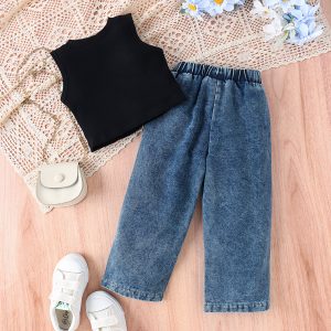 Baoxin children's clothing European and American style summer girls pit strip solid color top + trend print jeans children's suit – Image 3