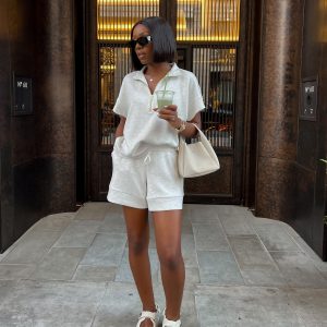 European and American new women's short-sleeved zipper lapel top casual strappy shorts women's African fashion plus size two-piece set – Image 4
