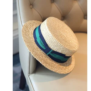 Natural straw grass double-layer bow stripe British European and American film flat top flat brim unisex hat sun hat – Image 3