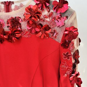New European and American Star Evening Dress Long Skirt Heavy Industry Beaded Three-dimensional Flower Mesh Stitching Long Dress – Image 4