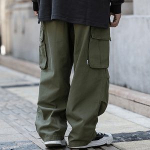 Ameco Cargaz solid color multi-pocket cargo pants, men's street fashion brand loose wide-leg pants, casual straight leg trousers – Image 3
