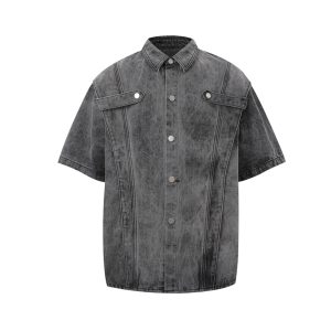 Jiayiku men's summer suit shirt Korean ruffian handsome niche tie-dye washed denim shirt men's jacket short sleeves – Image 3