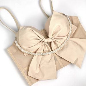 Summer new pearl bow camisole, foreign fashion, versatile herring bone corset, slim and slim temperament – Image 4