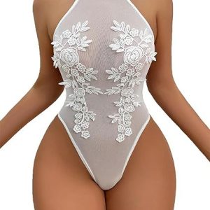European and American cross-border sexy see-through hot girl erotic one-piece, water-soluble flower halterneck slim open, pure desire temptation underwear – Image 5