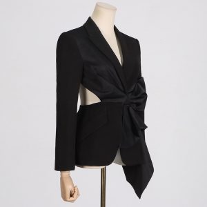 Fall 2025 new fashionable and sexy V-neck open-waist bow splicing design lace-up waist blazer – Image 3