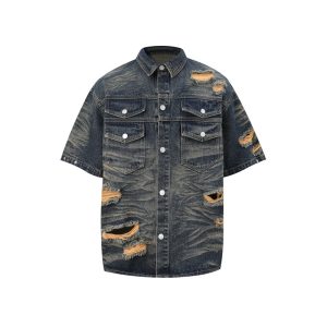 Jiaqiku men's American heavyweight, washed holes, erosion, niche denim shirts, men's cargo coats, short-sleeved ruffians – Image 3