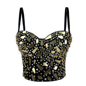 new European and American punk style heavy industry design black glass sequin camisole wearing a herring bone corset – Image 3