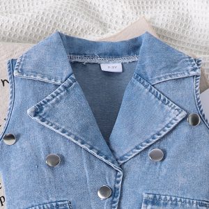 Cross-border new summer girls' lapel denim vest with solid color suspender shorts two-piece set – Image 5