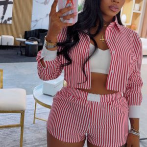 European and American style lazy style striped patchwork long sleeve shirt women's casual shorts African women's fashion casual suit – Image 3