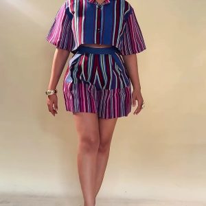 African plus-size lapels, short-sleeved buttoned striped shirts, women's casual shorts, European and American fashion, new two-piece set – Image 5