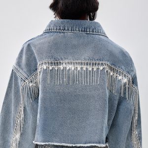 Spring and Autumn New Women's Clothing European and American Style Street Drill Chain Tassel Splicing Long Sleeve Denim Jacket Short Skirt Two-Piece Wholesale – Image 4