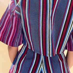 African plus-size lapels, short-sleeved buttoned striped shirts, women's casual shorts, European and American fashion, new two-piece set – Image 6