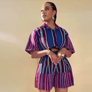 African plus-size lapels, short-sleeved buttoned striped shirts, women's casual shorts, European and American fashion, new two-piece set – Image 3