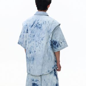 Jiayiku men's summer suit shirt Korean ruffian handsome niche tie-dye washed denim shirt men's jacket short sleeves – Image 4
