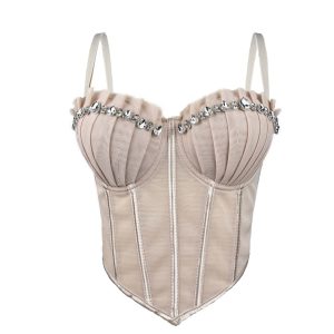 In winter, the new rhinestone pleated high-end design inner fish small camisole, European and American wear herringbone corset – Image 3