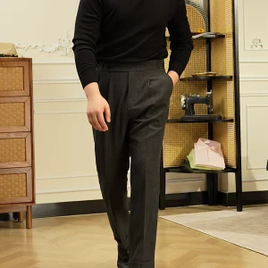 apricot gray autumn Neapolitan high-waisted straight-leg trousers, British retro simple slacks, men – Image 7