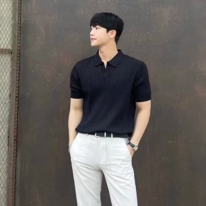 Summer light mature POLO cedar men's Korean version slim lapel solid color casual thin half sleeve trend knit top T-shirt – Image 3