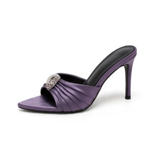 Summer 2025 New Pointed Toe Satin Rhinestone Metal Buckle Pleated Sandals Thin Heels Women Wear Open-toe High Heels Outside – Image 4