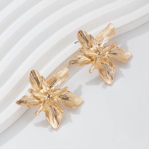 European and American cross-border jewelry, ins, personality, double-layered five-petal flower earrings, retro striped leaf tassel earrings – Image 6