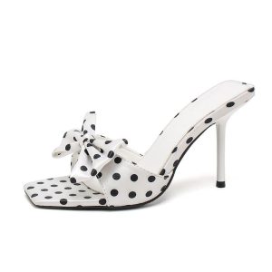 summer new real silk satin bow sandals thin heel sandals half slippers with polka dot high heels for women – Image 4