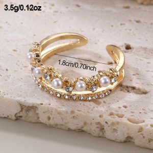RZ0868 European and American fashion design pearl diamond leaf opening ring ring ring Internet celebrity temperament personality index finger ring – Image 8