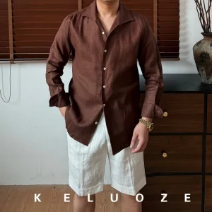 italian old money style linen breathable one piece collar shirt gentleman vintage yuppie haute couture summer light shirt – Image 3