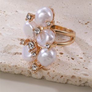 RZ0868 European and American fashion design pearl diamond leaf opening ring ring ring Internet celebrity temperament personality index finger ring – Image 3
