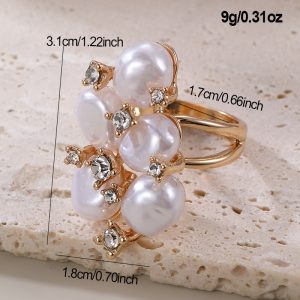 RZ0868 European and American fashion design pearl diamond leaf opening ring ring ring Internet celebrity temperament personality index finger ring – Image 6