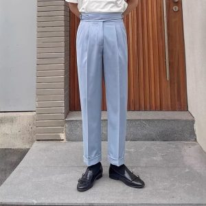 Parisian buttoned suit pants men's light familiar British retro business Naples draped straight casual trousers appear tall – Image 5