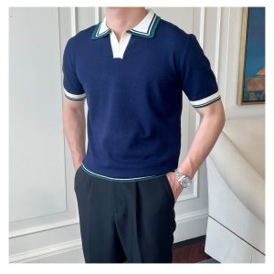 Summer new short-sleeved knitted sweater, men's contrast polo shirt, V-neck, outer collar, business slim T-shirt, foreign trade cross-border wholesale – Image 4