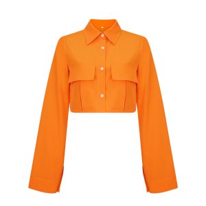 European and American autumn new shirt fashion solid color pocket short design sense fashion casual ins top for women – Image 5