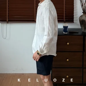 italian old money style linen breathable one piece collar shirt gentleman vintage yuppie haute couture summer light shirt – Image 5