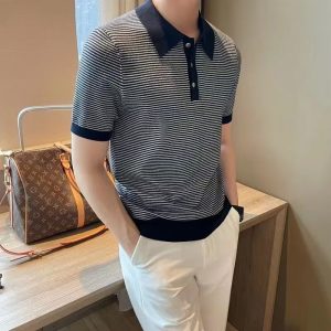 Summer Men's Ice Silk Short Sleeve Knitted Sweater, POLO Shirt, Lapel Striped T-Shirt, Foreign Trade Cross-border Wholesale, Casual and Versatile – Image 3